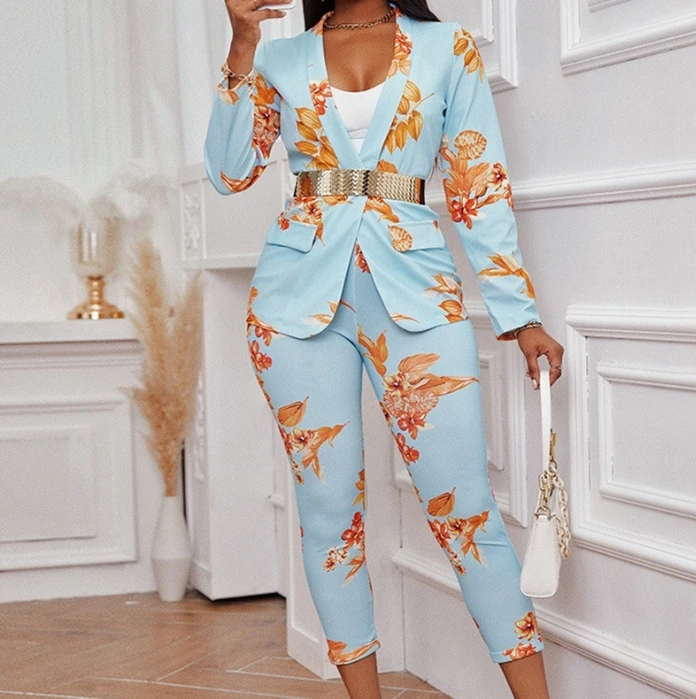 

Women Two-piece Suit Set Elegant Commuting Floral Print Notched Collar Long Sleeved Blazer Top and High Waisted Skinny Pants Set