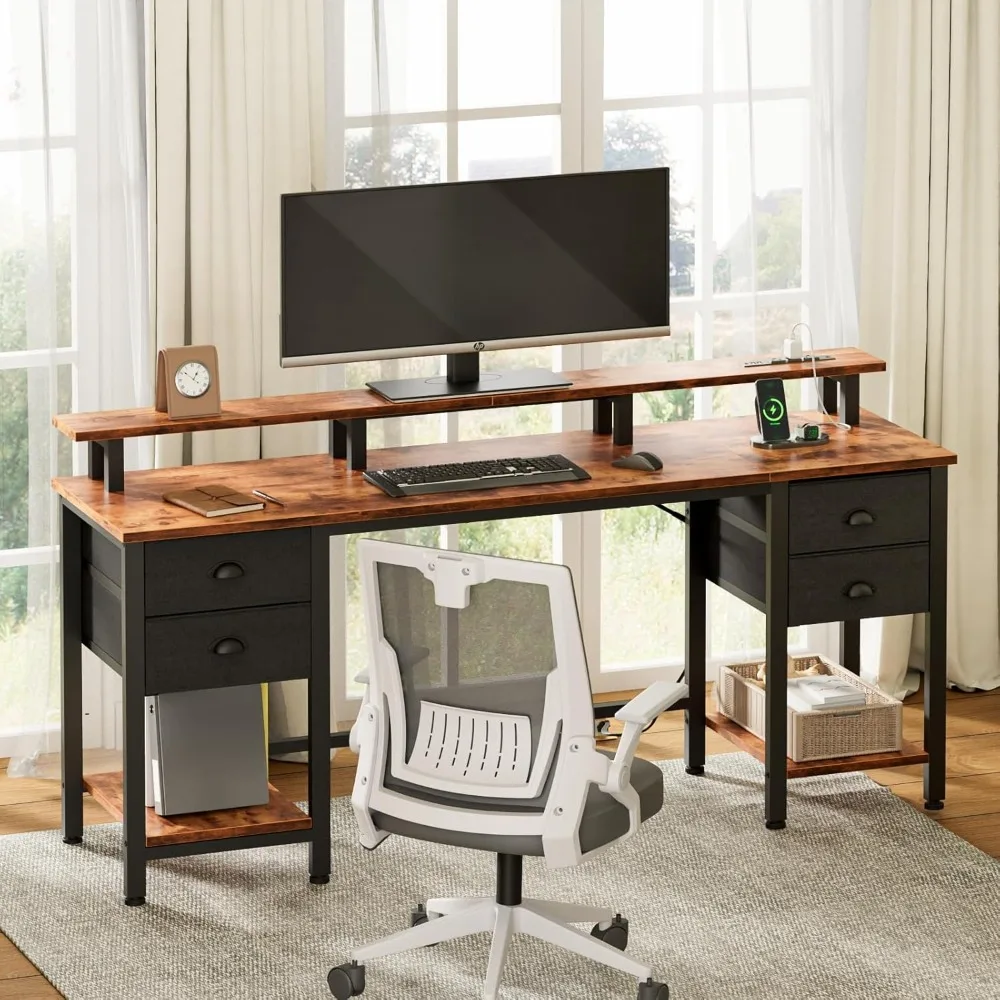 

61 Inch Desk with 4 Drawers, Computer with Power Outlets and LED Lights, Office Desk with Long Monitor Stand, Offices Desks