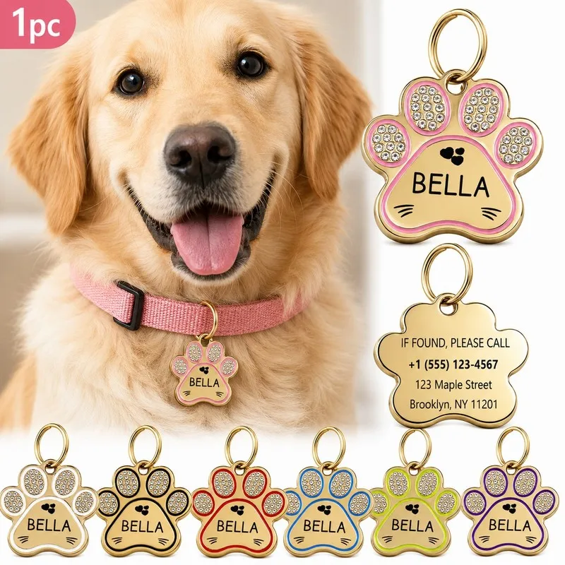 【Engraving】1pc Custom Paw‑Shaped Cat & Dog ID Tag, Custom Pet Information, Name and Phone Number on Both Sides