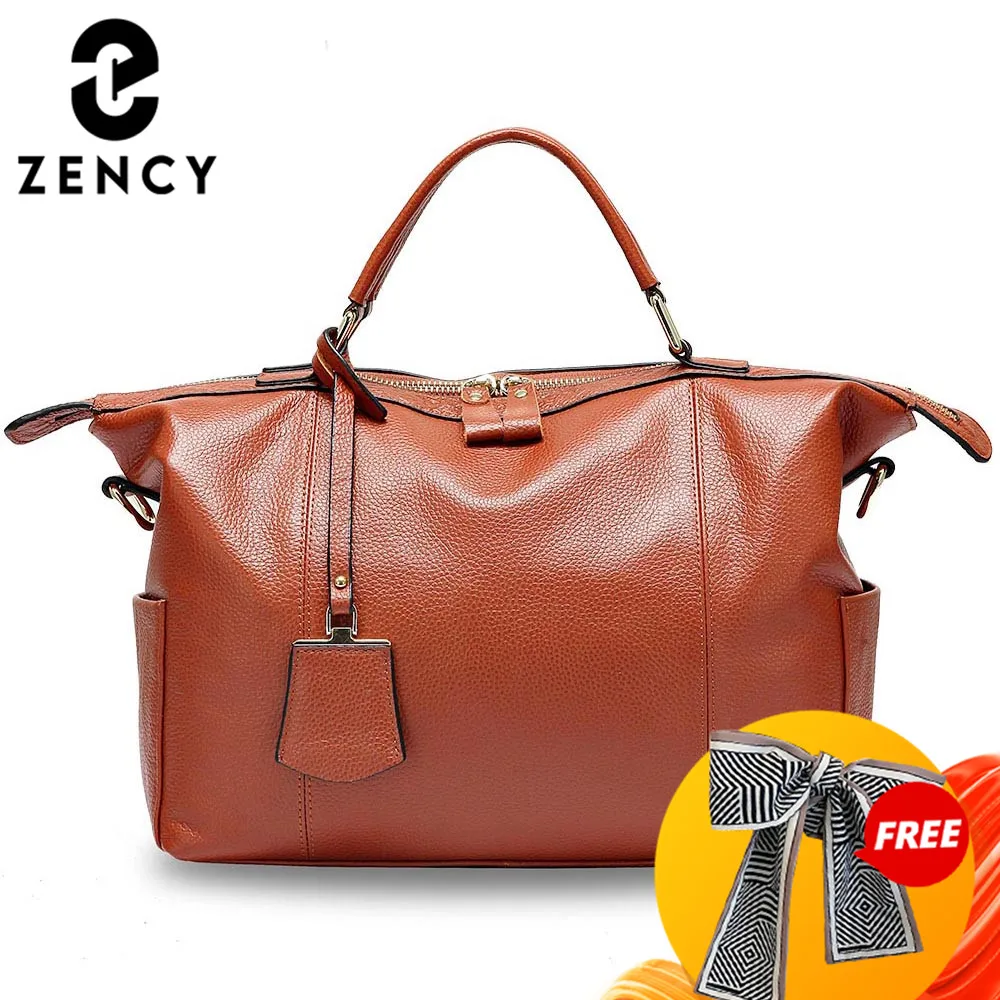 Zency Women Casual Tote 100% Genuine Leather Large Capacity Black Handbag Simple Lady Crossbody Messenger Purse Shopping Bags