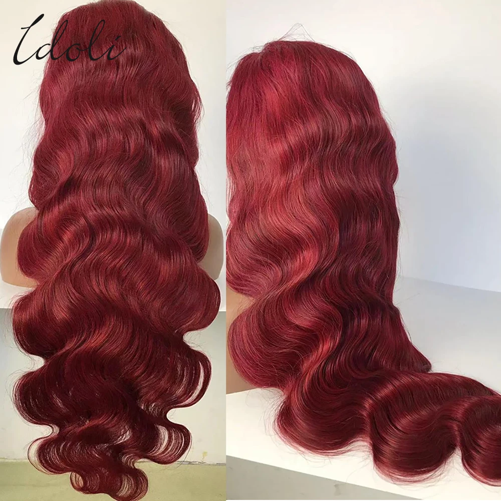 Peluca de cabello humano con encaje Frontal, postizo de color rojo, Borgoña, 13x6, HD, 180%