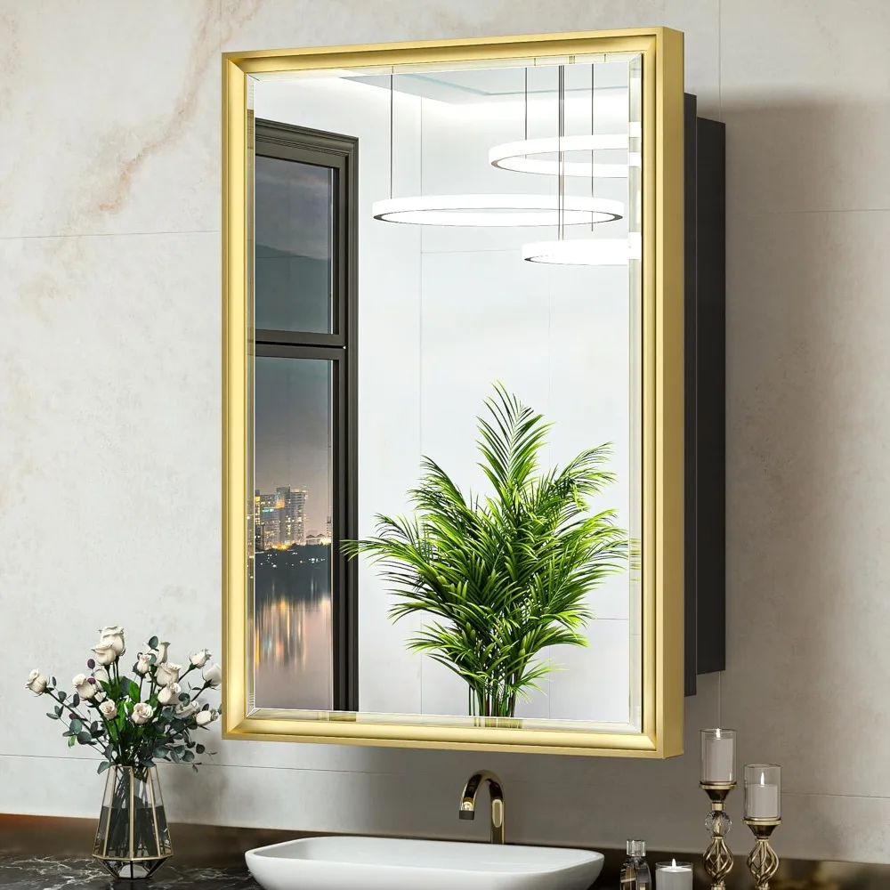 Wall-mounted mirror cabinet, metal beveled mirror with bathroom vanity storage space, aluminum mirrors cabinet mirrors