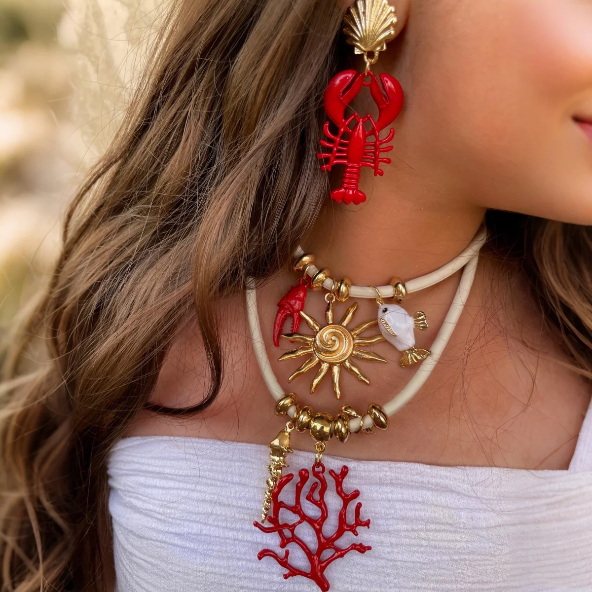 

ZAA 2025 Trendy Sea Animal Necklace Earrings Set Enamel Metal Lobster Coral Rope Chain Jewelry Set Summer Vacation Beach Wearing