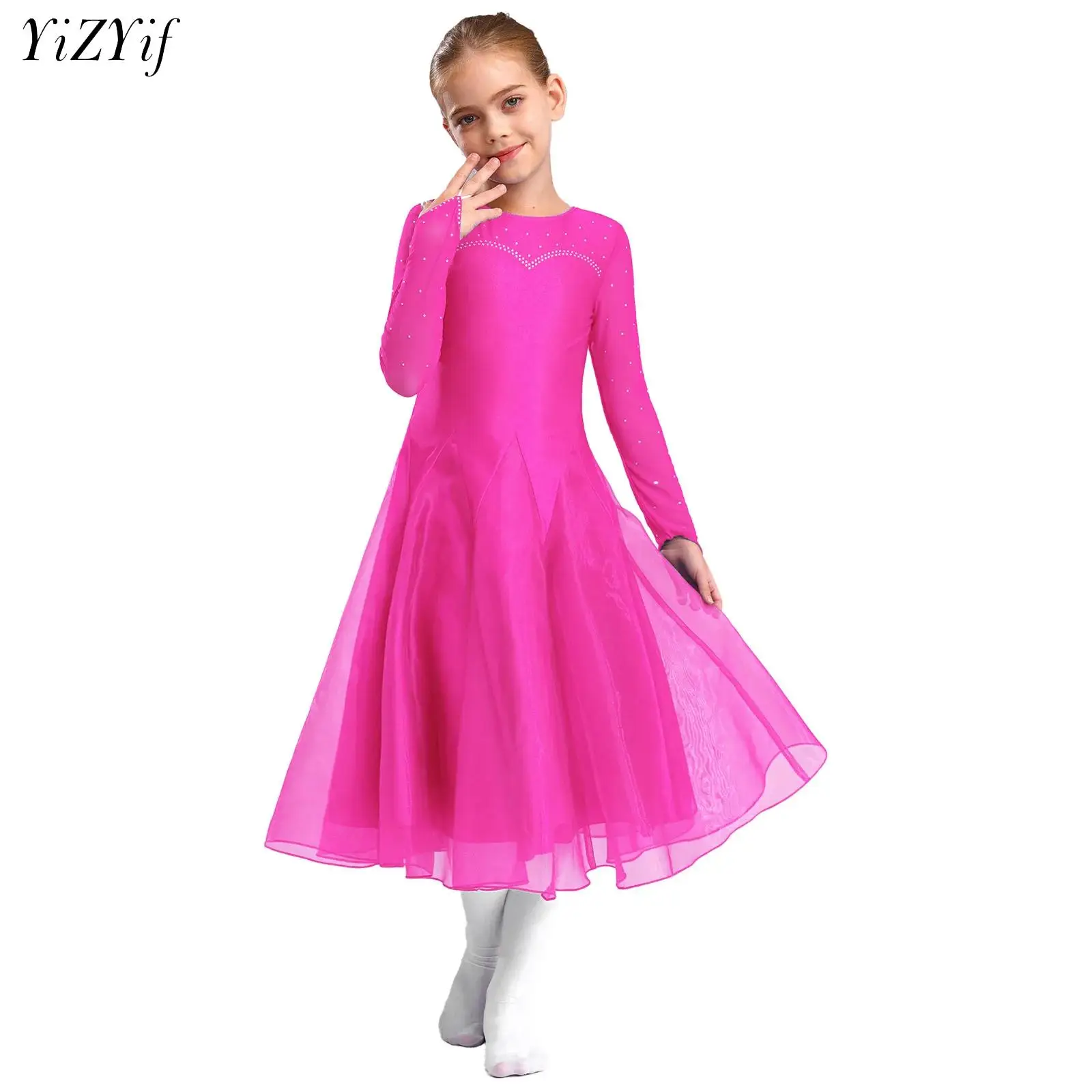 

Girls Rhinestones Ballroom Dancing Dress Glittery Flared Professional Modern Waltz Tango Practice Competition Performance Dress