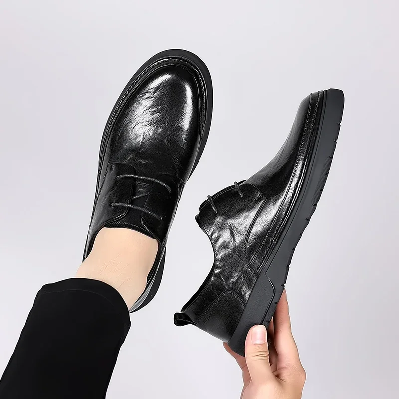 Zapatos Oxford informales de cuero marrón para hombre, mocasines de diseñador, zapatos de vestir formales de negocios, zapatos de oficina de suela gruesa de cuero para adultos