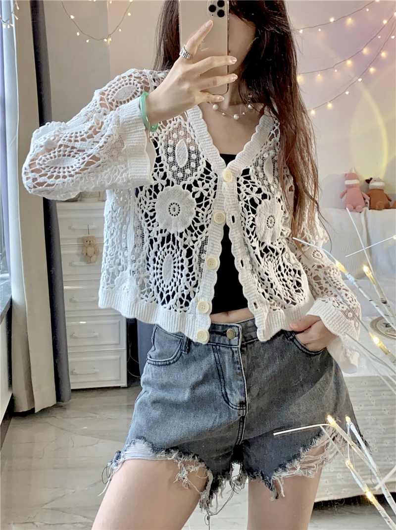 Sexy V-neck Hollow Out Crochet Lace Cardigan Women Spring Summer Long Sleeve Lace Shirts Korean Style Girls Beige White Crop Top