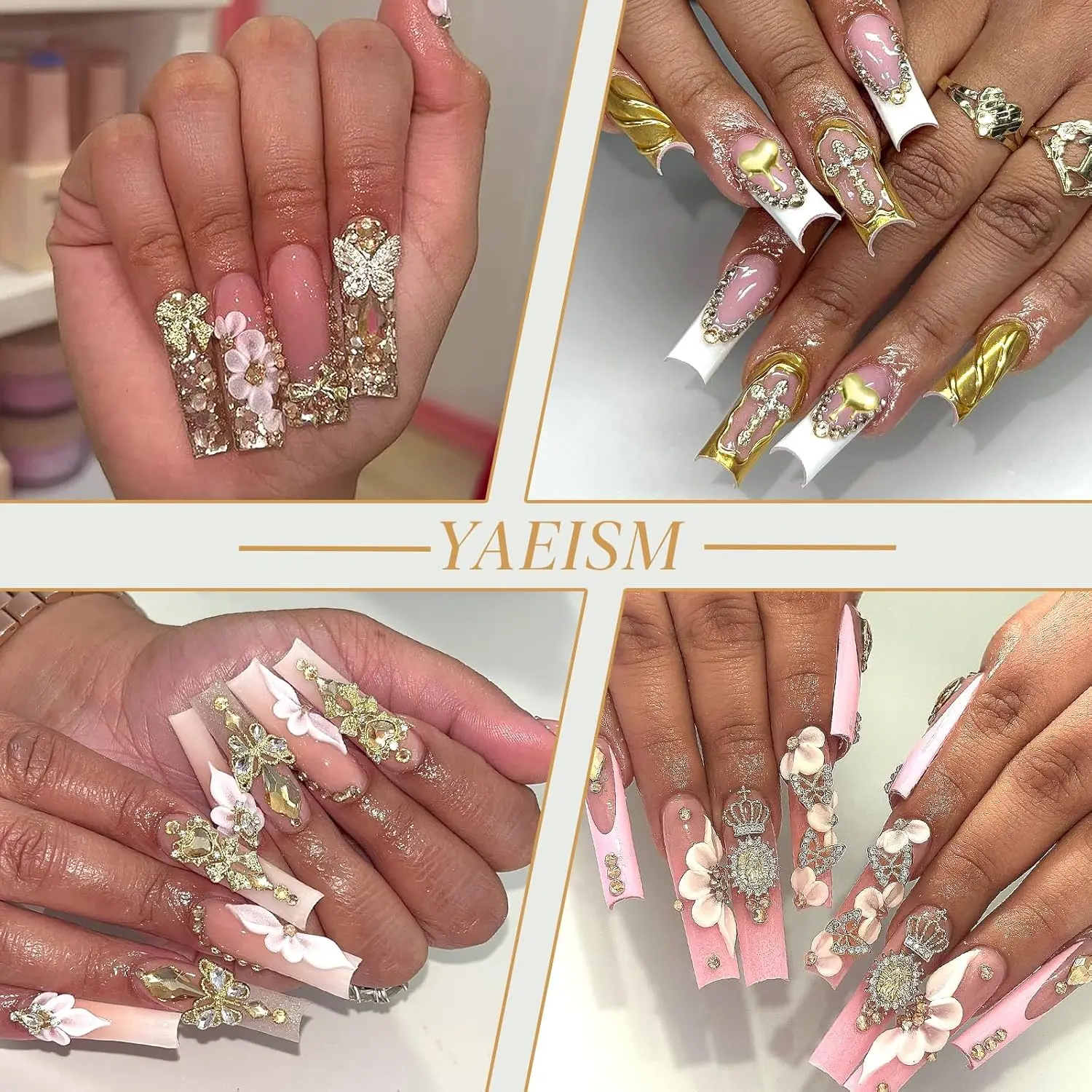 80 Uds. De dijes dorados para uñas, abalorios para uñas con forma de corazón de cristal dorado, corona brillante, dijes para uñas, dijes de mariposa brillantes, cruces para uñas doradas de aleación