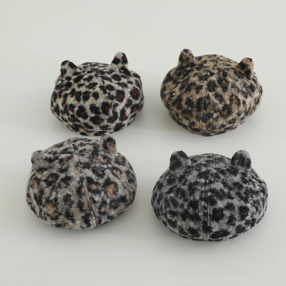 2025 Autumn Winter Leopard Print Warm Rabbit Fur Octagonal Hats For Baby Boys Gilrs  Berets Painter Hat Beanie Caps