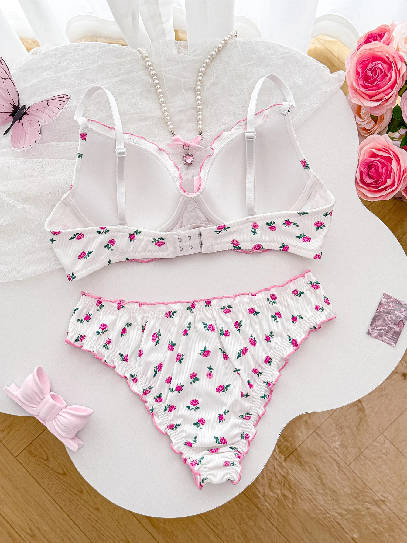 Floral A B C D Cup Women's Underwear Set Ribbed Knit Push Up Bra Daily Comfort Panties Women Ruffle Edge Lingerie Set
