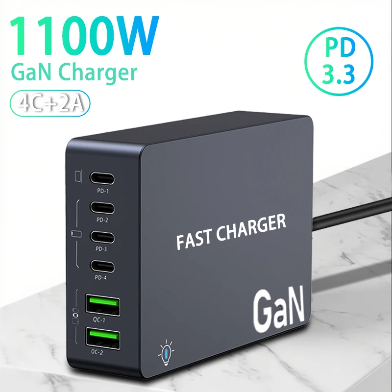 

6-портовая зарядная станция для планшета USB PD QC3.0, настольная зарядка GaN, быстрая зарядка для смартфона, ноутбука, быстрые зарядные устройства для домашнего офиса