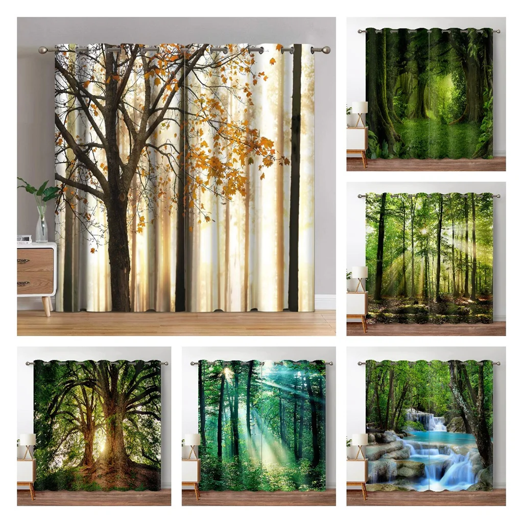 Forest Blackout Curtains Jungle Tree Nature Scenery Window Curtain Living Room Bedroom Waterfall Left and Right Biparting Open