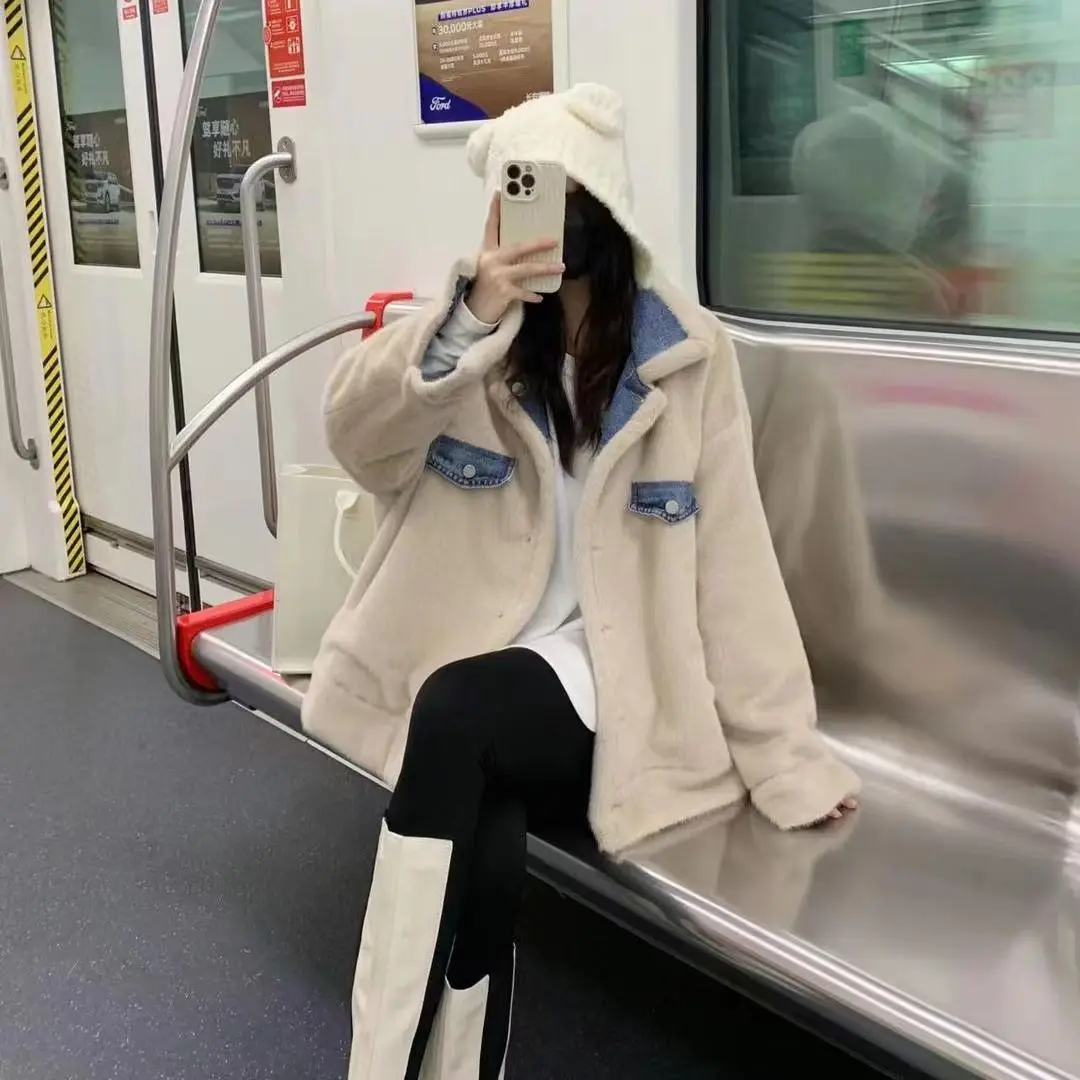 معاطف الدنيم مع حجر الراين امرأة الفراء أفخم المرأة الخريف زرر قابل للتعديل مزدوجة الوجه سليم صالح الترفيه الهيب البوب سترات الحفلات #2