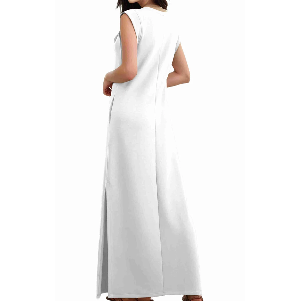2025 Women Summer Round Neck Casual Loose Split Wrinkle-Free Long Maxi Vacation Dress with Pockets White M