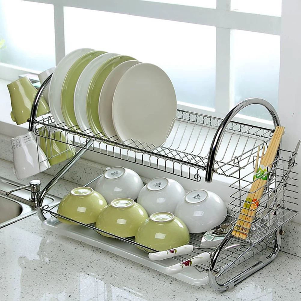 

2 -Tier Dish Rack Strainer Drying Two Layers Drainers Dishes Double Stainless Steel