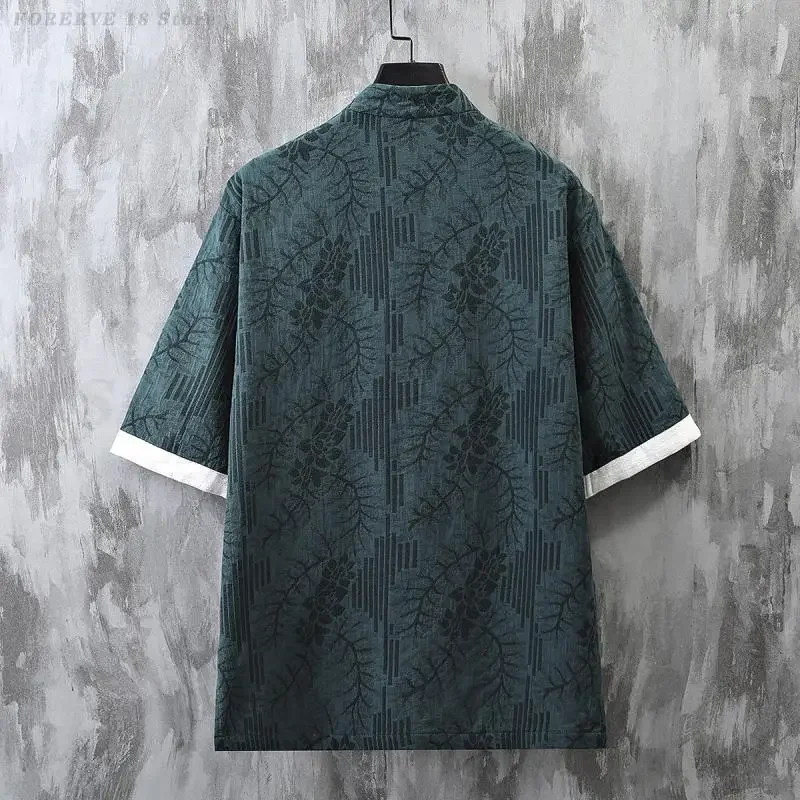 بلوزات رجالية مقاس كبير 6XL بدلة تانغ قميص عتيق بأزرار على الطراز الصيني التقليدي قمصان جاكار غير رسمية فضفاضة نصف كم