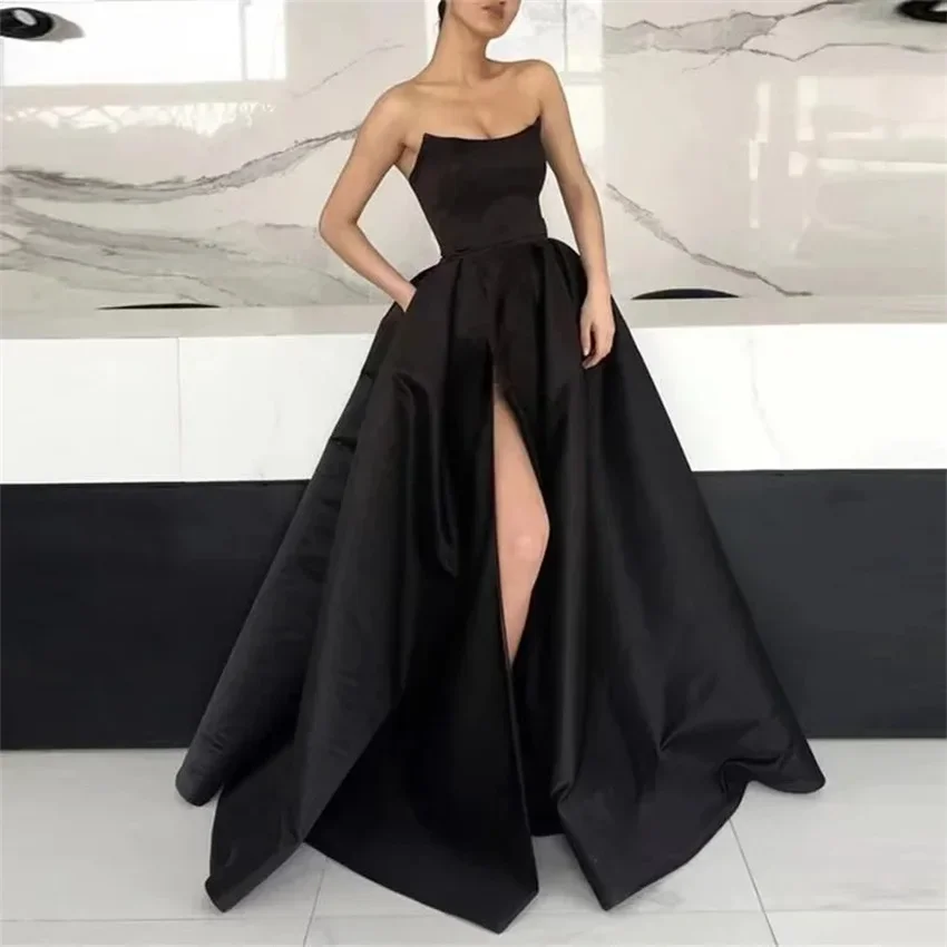 Customized Long Evening Party Gowns Wine Red Women Side Slit Strapless Satin Formal Dress Burgundy Prom Dresses with Pockets