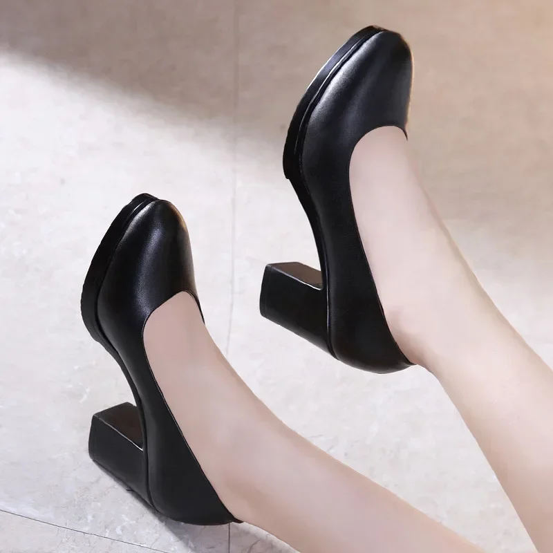 6cm Small Size 32-43 Shallow Formal Dress Shoes Women Pumps 2024 Black Med Block Heels Shoes Platform for Office Court Work Mom