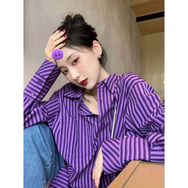 Purple Striped Shirt Fashion Women  Casual Youth Long   Spring Summer Tops