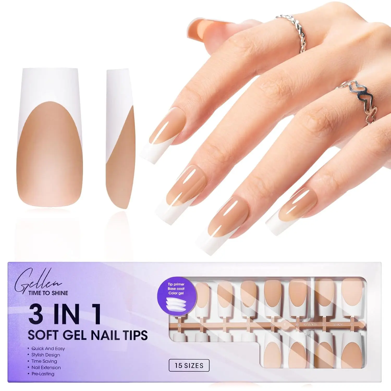 Soft-Gel-Nagelspitzen-Set, 150 Stück, Sargform, French-Tip, Press-On-Nägel, vollständige Abdeckung, künstliche Verlängerungen, wiederverwendbar, glänzendes Finish, Maniküre