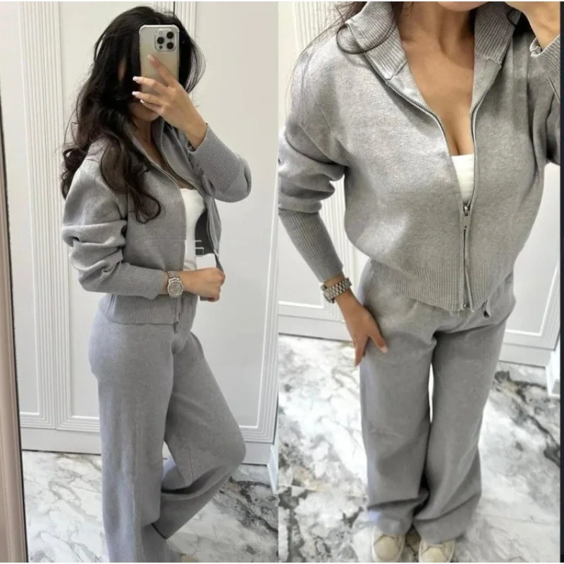 Women's Slim Fit Two-Piece Set Double-Opening Zipper Knitted Sweater And Lace-Up Pants Fashionable Casual Autumn Winter Outfit