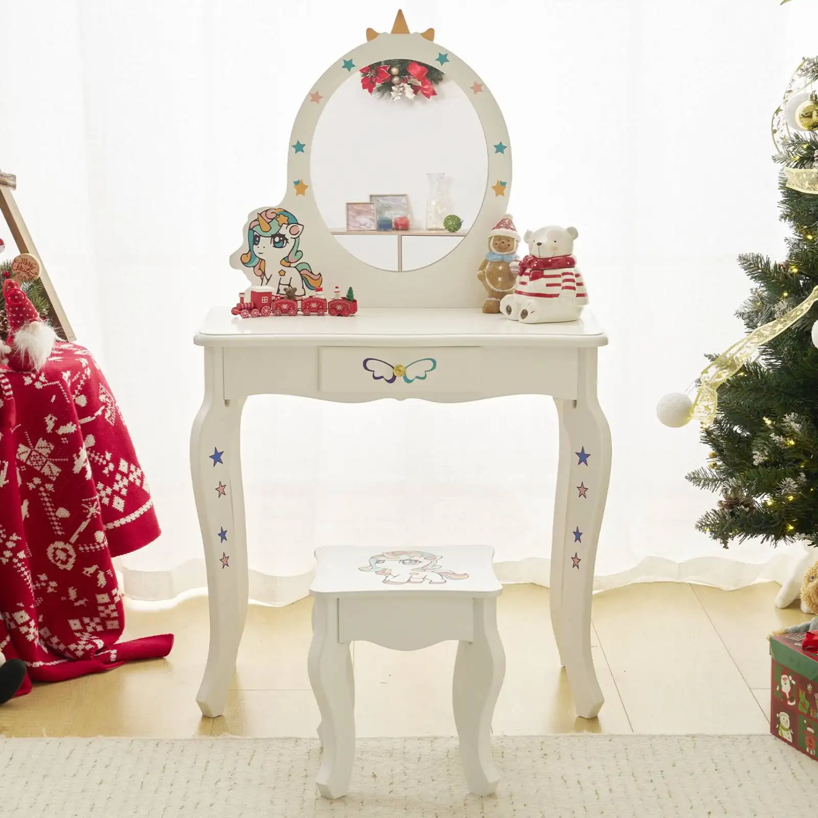

Kid's Vanity Table Wooden Makeup Desk W/ Mirror,Stool,Drawer White