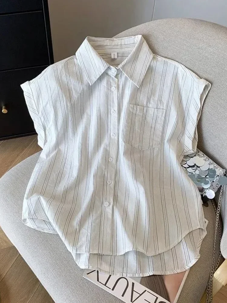 

Casual Striped White Shirt Women Vintage Loose Simple Flying Sleeve Korean Blouse Summer All Match Female Retro New Tops