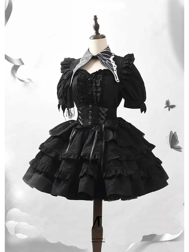 Dark Gothic Black Lolita SK Suit Puff Short Sleeve Single-breasted Top High Waist Lace-up Slim Skirt Two-piece Sets Women Autumn