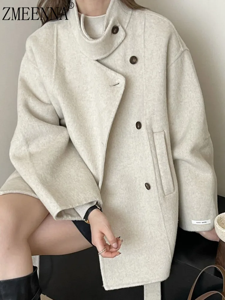 

ZMEENNA Womens Chic Wool Blend Short Coat With High Collar Asymmetrical Button Closure And Oversized Fit Fashion ZM3664