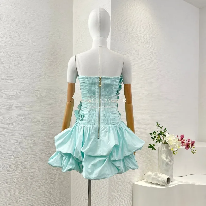 純綿2025新作ブルー袖なし花柄アップリケ女性用ホリデーミニドレス