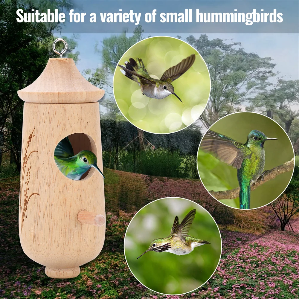 Casa de colibrí de madera para pájaros salvajes, comedero colgante para exteriores, decoración de jardín, golondrina, anidación de gorriones ﻿
