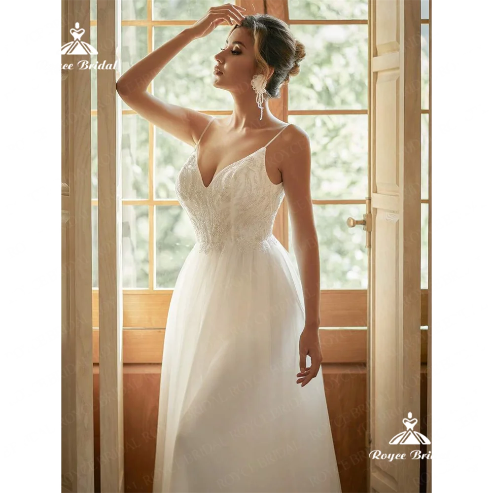 Roycebridal-vestido de novia de línea A con cuello en V, traje de gasa con cola de barrido, 2025