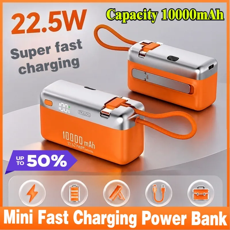 10000mAh Power Bank with Built-in Cable Mini 22.5W Fast Charging Portable Charger for IPhone Huawei