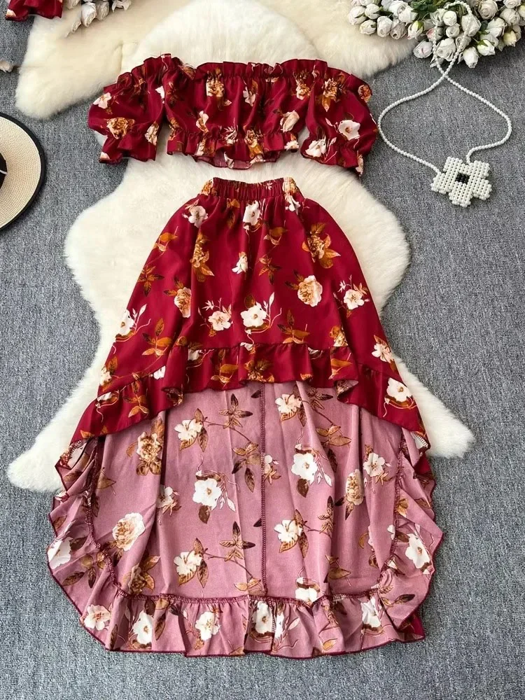 

Модный комплект из двух предметов без бретелек, тонкая короткая рубашка с рюшами и принтом, комплекты трапециевидной формы с высокой талией и оборками, сексуальный костюм Pure Desire