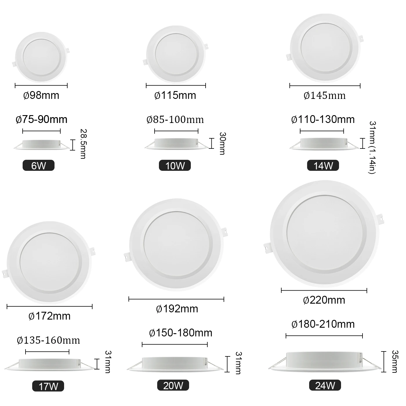 8 szt. LED typu downlight lampa do celingu AC100V-240V 6W-24W bez migotania nadaje się do kuchni, sala konferencyjna i sypialni.