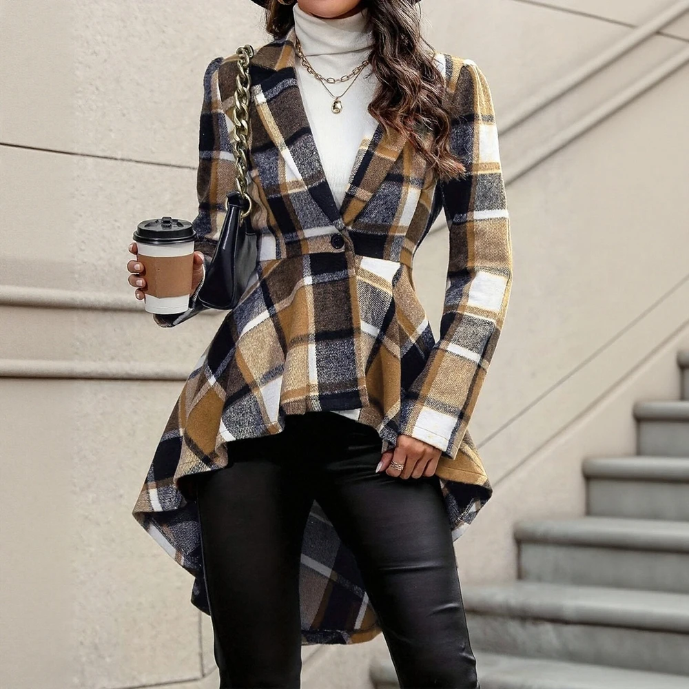 

Женская зимняя модная куртка, осенне-зимняя шерстяная куртка на пуговицах в клетку с длинным рукавом и отложным воротником, мини-повседневное пальто на каждый день