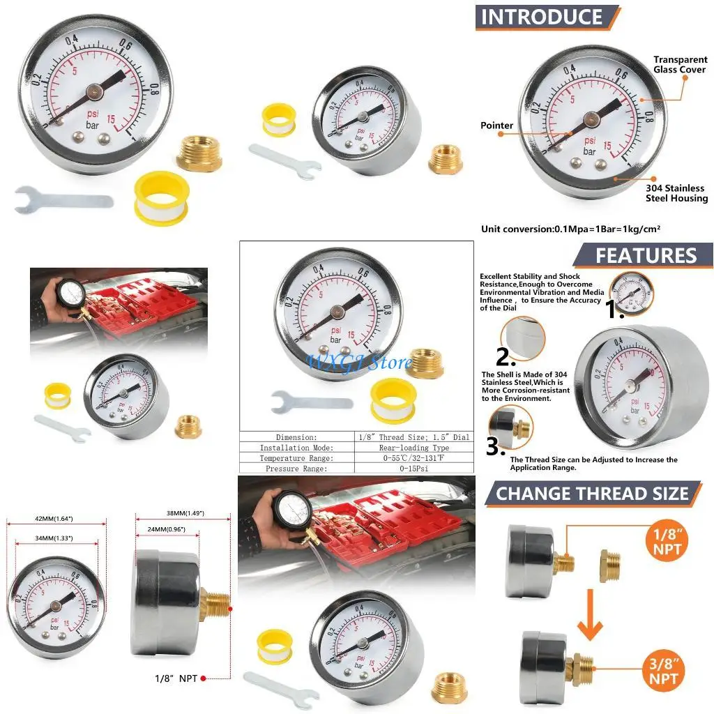 

37JE 1/8 NPT Датчик топлива давление топлива 0-15 фунтов на кв. Дюйм 0-1BAR & GRENCH Комплект адаптер двойной шкалы для