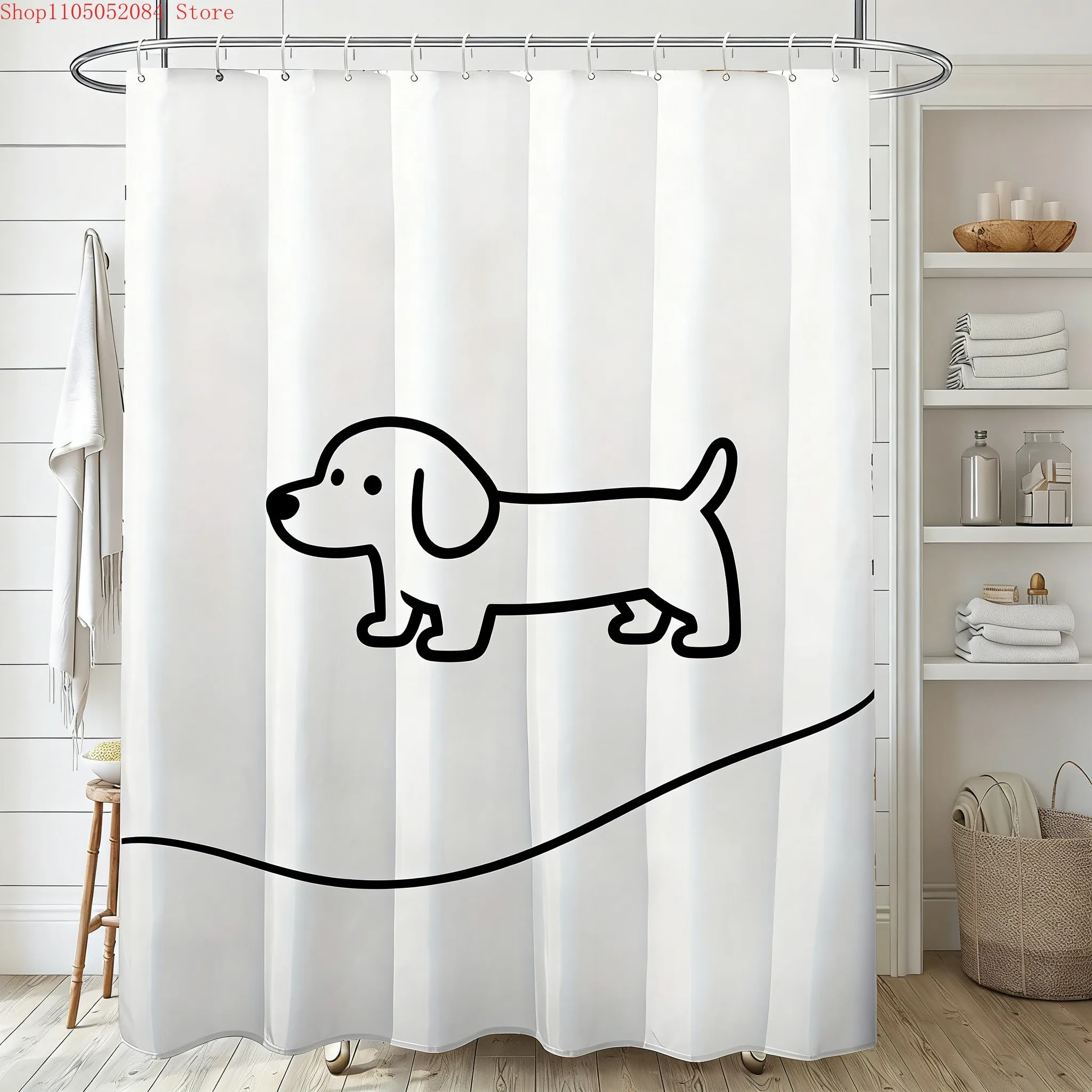 Minimalistischer wasserdichter Duschvorhang mit schwarzer Linienkunst und Dackel-Motiv für die Badezimmerdekoration