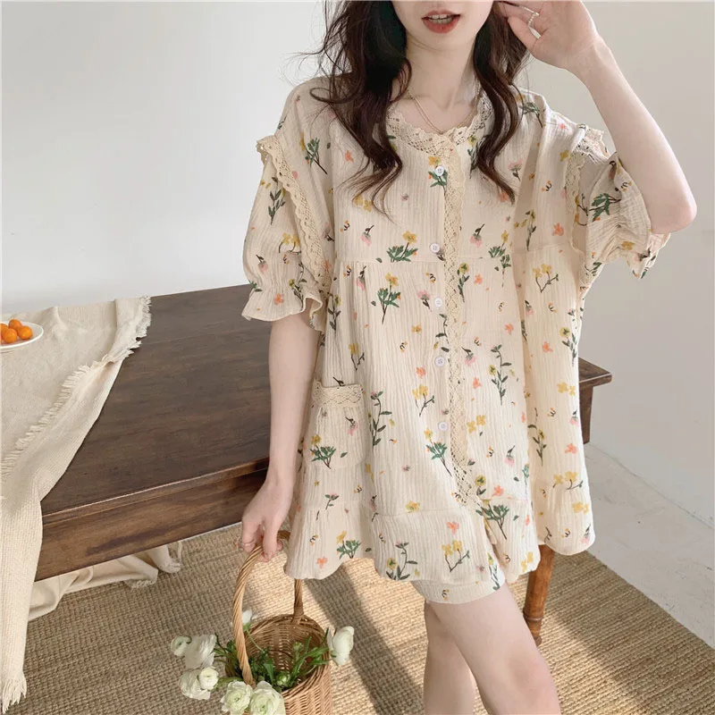 Cotton Pajamas For Women Spring Summer New Lace Floral Short Sleeved Shorts Sleepwear Set Oversized Loose Ladies Home Nightgown