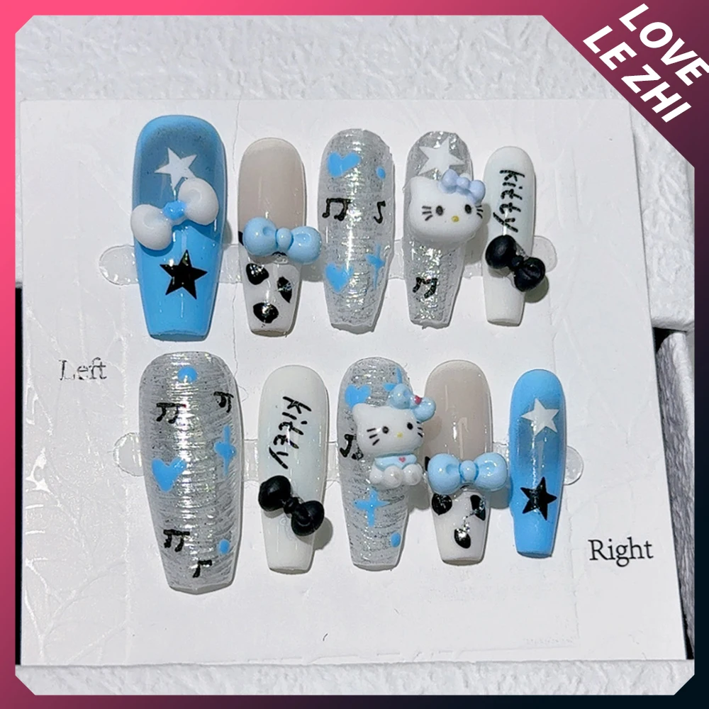 10Pcs Sanrio Hello Kitty Spice Girl Handmade Nail Party Sticker Y2K Long Stiletto Diamond Metal Chain Detachable Full Cover Nail