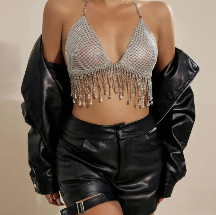 Bling Silver Rhinestone Tassel Camis Tops Night Club Dance Show Party Sexy Backless Tops Corset Summer Body Jewelry Halter Top