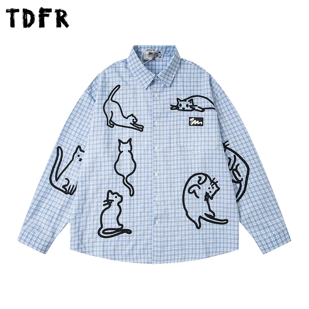 

Cat Graffiti Print Plaid Shirts Mens Autumn Pocket Casual Retro Loose Lapel Single Breasted Long Sleeve Cotton Shirts Man