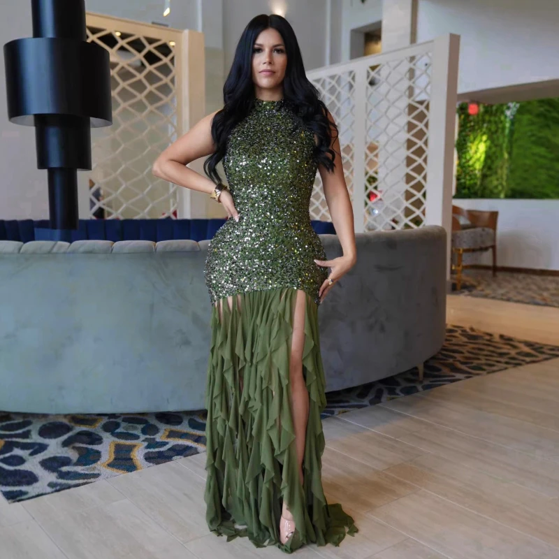 

Длинное женское платье А-силуэта с пайетками, круглым вырезом, без рукавов, с оборками, сетчатыми вставками, элегантное, для вечеринок, в стиле Y2K, 2026