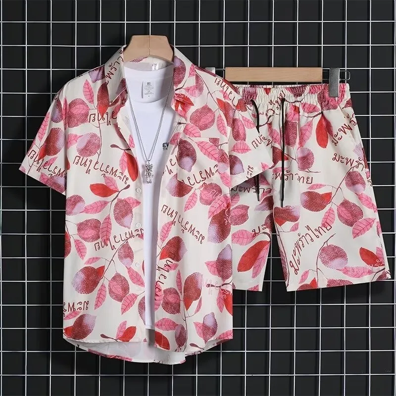 Men's High-end Pendant Shirt Ruffian Handsome Chiffon Flower Shirt,Short-sleeved Hawaiian Top,SeasideTravel Vacation Couple Suit