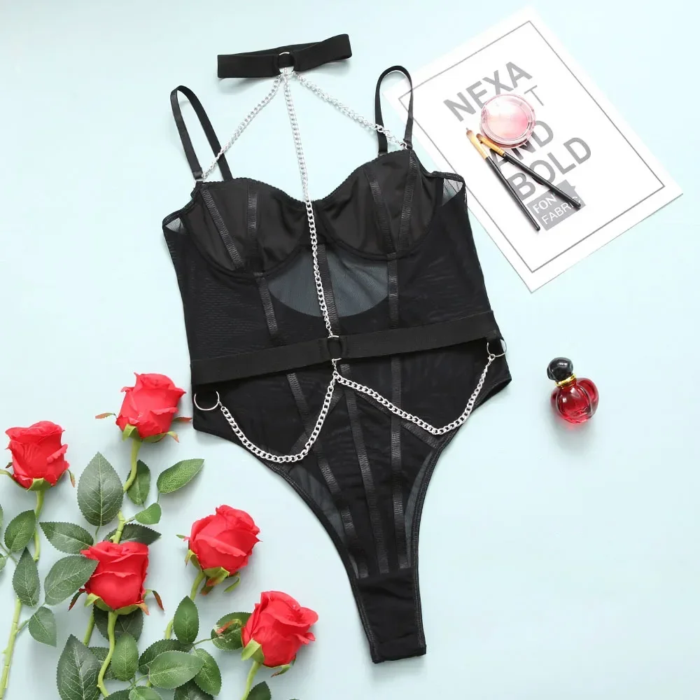 Porn Black Fitness Bodysuit Women Erotic Sexy Lingerie for Sex with Halter Chain See Through Teddy Body Suit Lace Tights