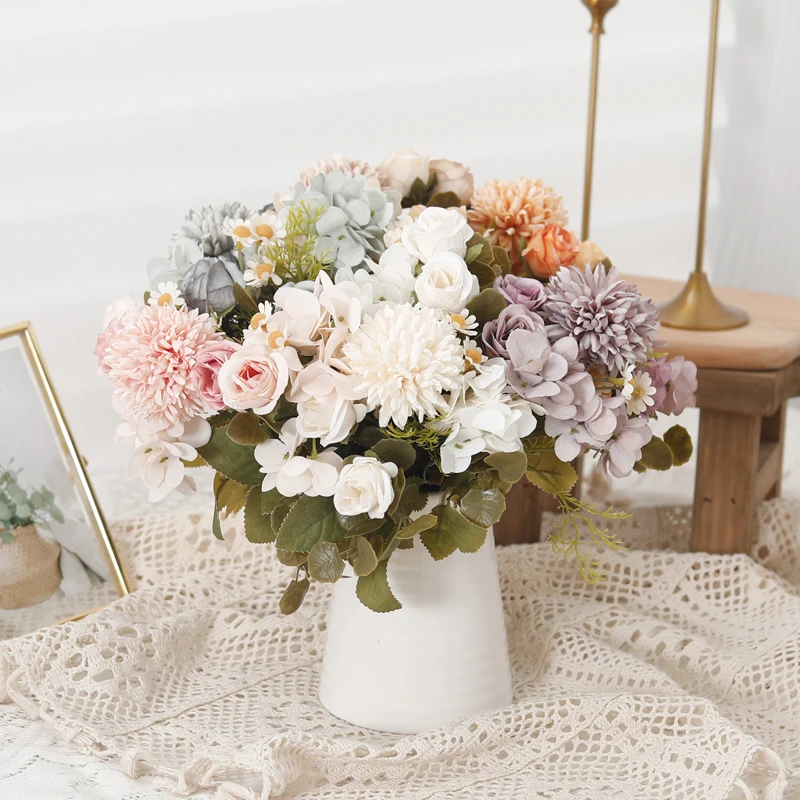 Ramo de té rosa de seda delicada, girasol, decoración de boda, hogar, Día de San Valentín, Hortensia de diente de león, flores artificiales