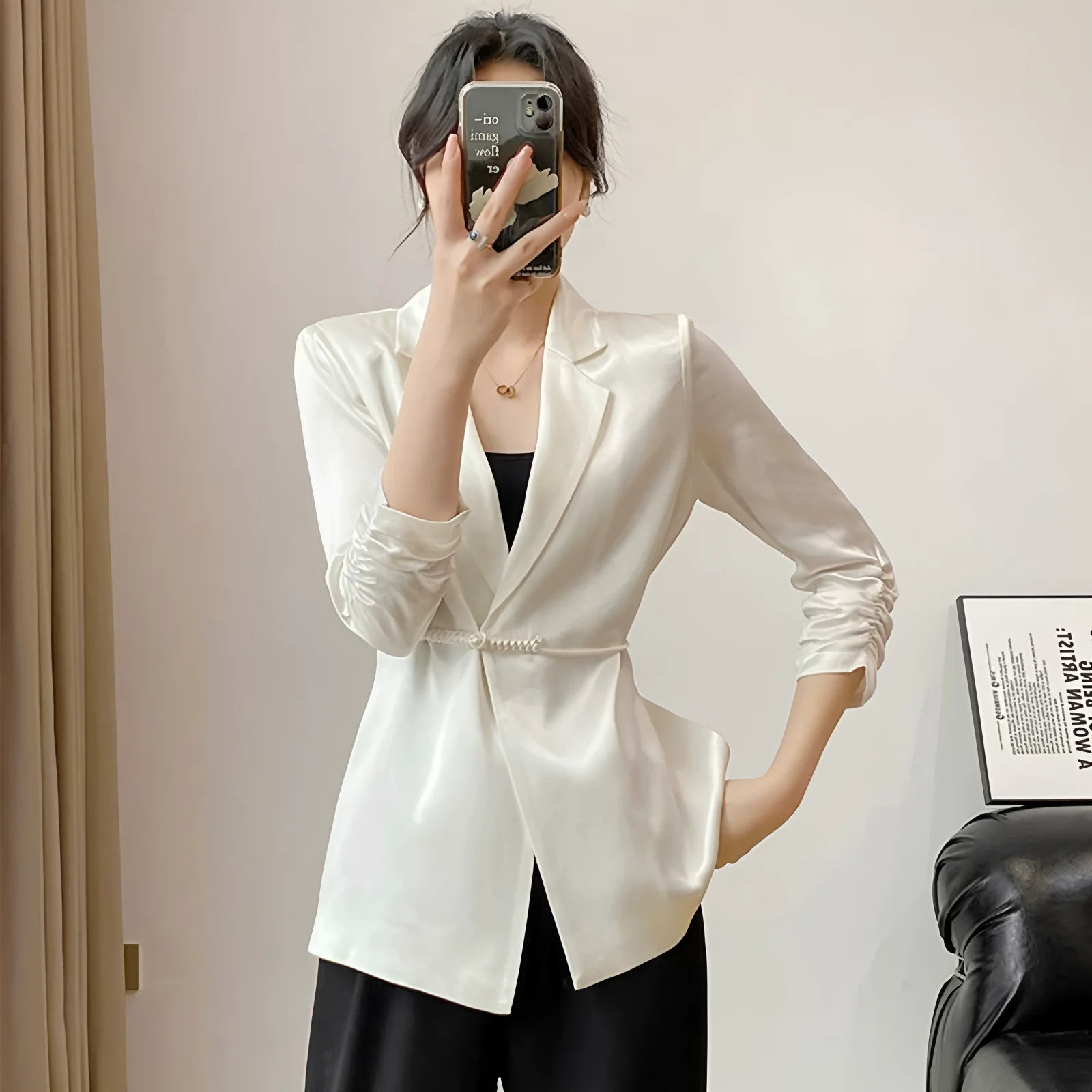 Women's Jacket Spring & Fall New Chinoiserie Commuter Clothing Fashionable and Elegant White Casual Suit Satin Acetate Fabric One-Button Black Three-Quarter Sleeve Suit Jacket