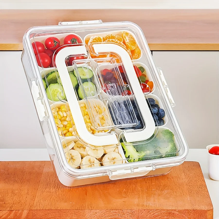 Snackle Box Container, geteiltes Serviertablett mit Deckel und Griff, zum Hinzufügen von Besteck-Organizer mit Obstgabeln und Löffel, Snackle