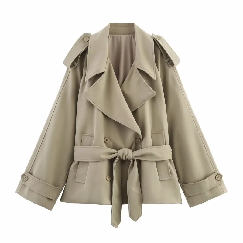 

Long Drop Shoulder Sleeves Double-Breasted Windbreaker Female Outerwears HipSeam Womne Short Jacket With Belt Large Lapel