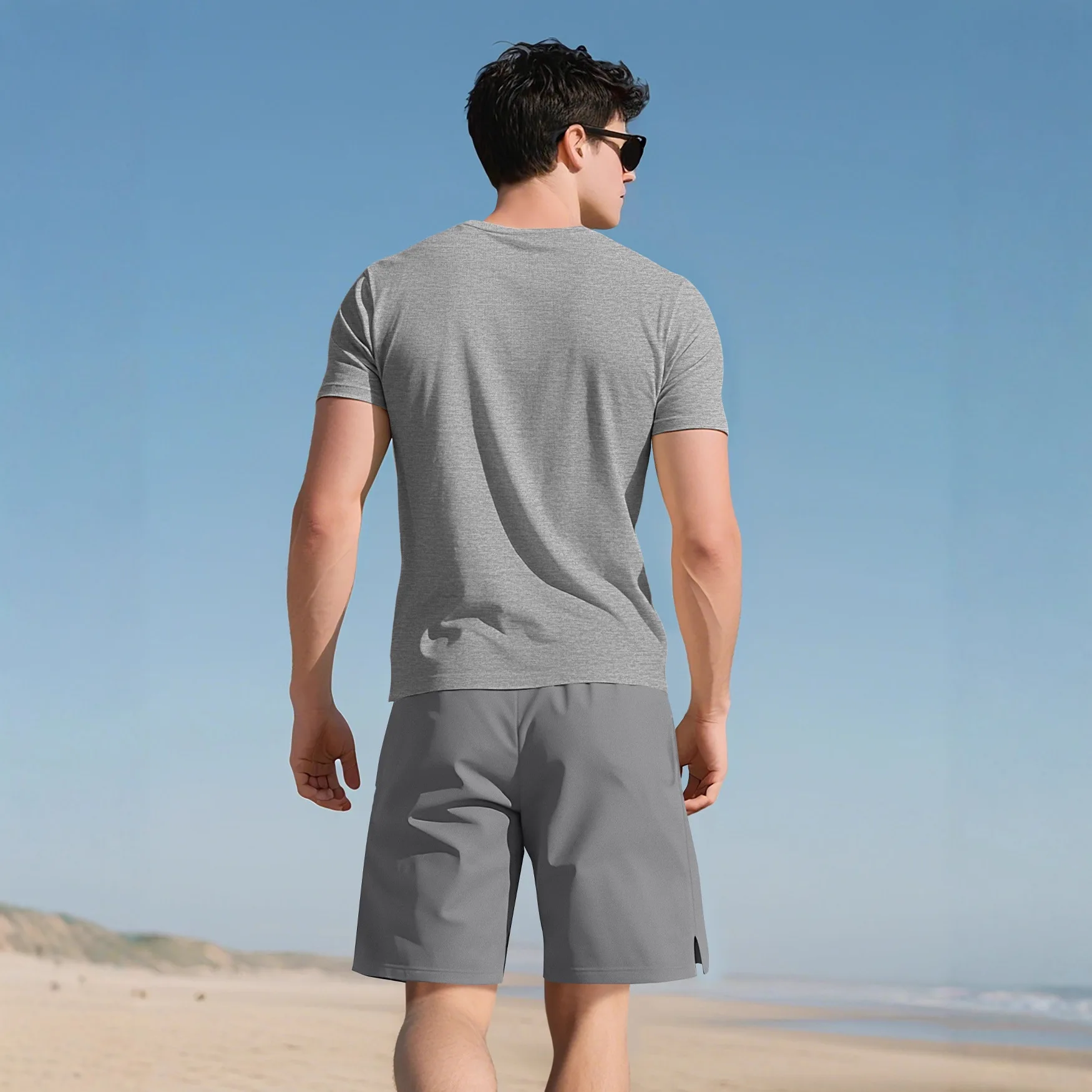 New Summer Men's Fitness Henry Neck T-Shirt Threaded Cotton Retro Slim Short Sleeve Casual