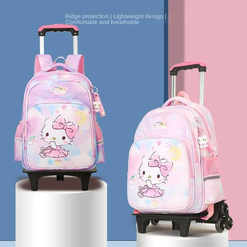 

Kawaii Hello Kitty Trolley School Bag Anime Sanrio Kuromi Backpack with Wheels Save Effort High Capacity Student School Supplies